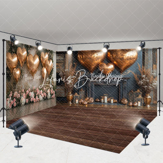 Lofaris Rose Gold Heart Balloons Rustic Wood Room Set Backdrop with Fireplace and Floral Decor Romantic Party
