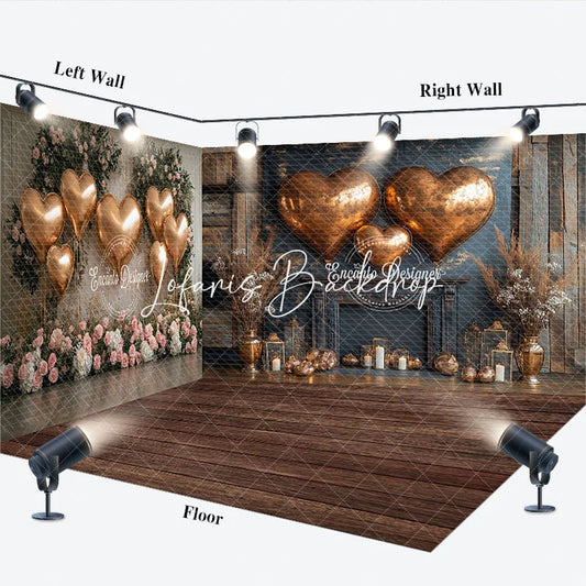 Lofaris Rose Gold Heart Balloons Rustic Wood Room Set Backdrop with Fireplace and Floral Decor Romantic Party