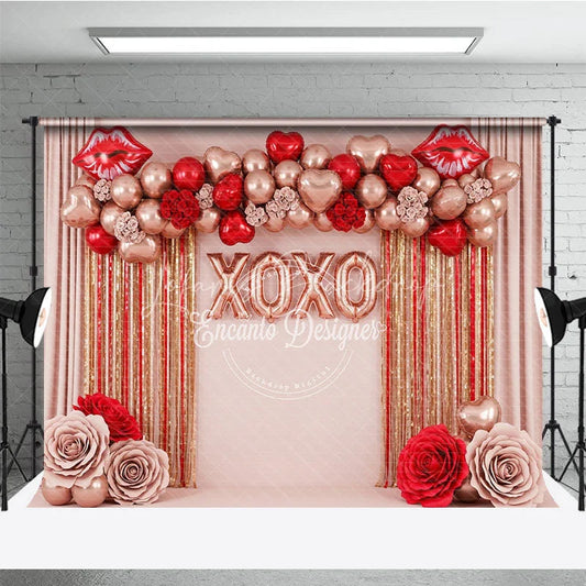 Lofaris Rose Gold XOXO Valentine Day Backdrop Red Lips Foil Balloons Tinsel Curtain Background Party Photography Prop