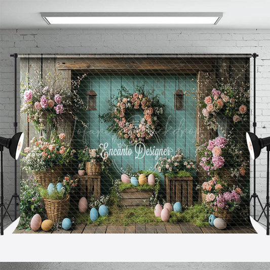 Lofaris Rose Wreath Blue Retro Wood Wall Eggs Easter Backdrop