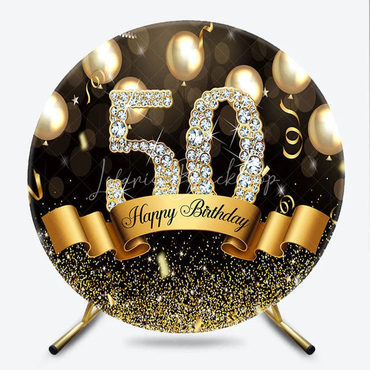 Lofaris Round Backdrop 50th Birthday Gold Diamond Cover Black Balloons Shine Circle Background Adult Milestone Party Decoration