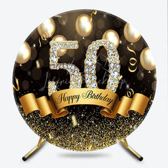 Lofaris Round Backdrop 50th Birthday Gold Diamond Cover Black Balloons Shine Circle Background Adult Milestone Party Decoration
