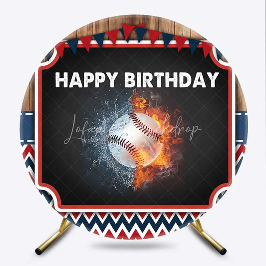 Lofaris Round Backdrop Baseball Happy Birthday Fire and Water Splash Sports Circle Cover