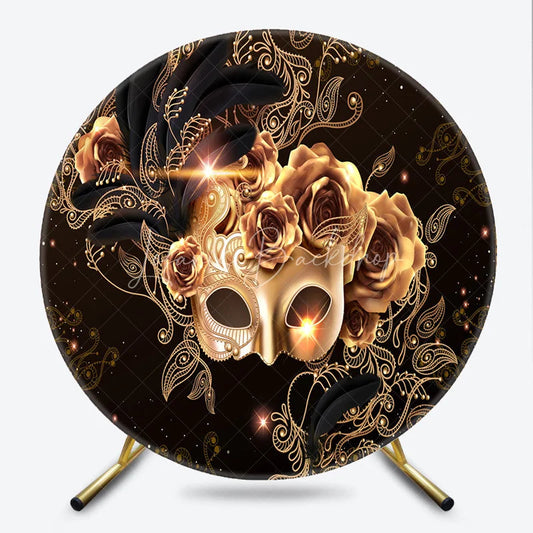 Lofaris Round Backdrop Black and Gold Masquerade Mask Vintage Roses Paisley Circle Cover