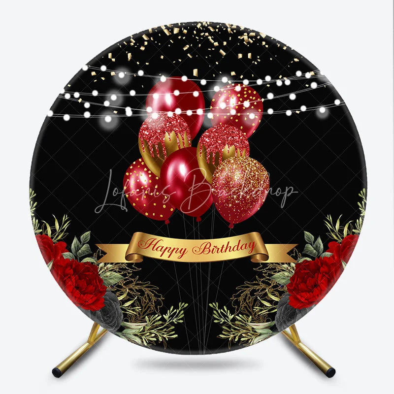 Lofaris Round Backdrop Black and Red Balloons Happy Birthday Roses Floral Circle Cover