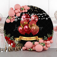 Lofaris Round Backdrop Black and Red Balloons Happy Birthday Roses Floral Circle Cover