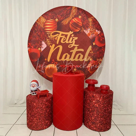Lofaris Round Backdrop Boas Festas Red Satin Cover Gold Bells and Bow Circle Background Christmas Party Decoration