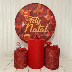 Lofaris Round Backdrop Boas Festas Red Satin Cover Gold Bells and Bow Circle Background Christmas Party Decoration