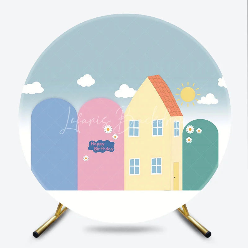 Lofaris Round Backdrop Cartoon Town House Sun Cover Pastel Blue Pink Kids Circle Background Birthday Party Decoration