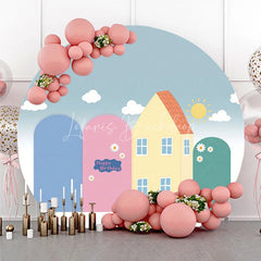 Lofaris Round Backdrop Cartoon Town House Sun Cover Pastel Blue Pink Kids Circle Background Birthday Party Decoration