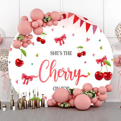 Lofaris Round Backdrop Cherry on Top Baby Shower Sweet Red Fruit Pink Bows Girl Circle Cover