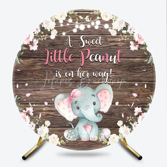 Lofaris Round Backdrop Elephant Baby Shower Pink Floral Wood Background A Sweet Little Peanut