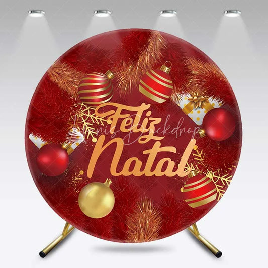 Lofaris Round Backdrop Feliz Natal Red Pine Needles Cover Christmas Ball Ornaments Circle Background Winter Holiday Decor