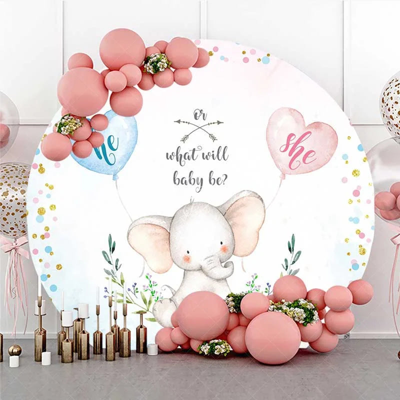 Lofaris Round Backdrop for Gender Reveal Cute Elephant and Pink Blue Heart Balloons What Will Baby Be Party Background