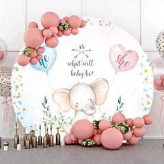 Lofaris Round Backdrop for Gender Reveal Cute Elephant and Pink Blue Heart Balloons What Will Baby Be Party Background