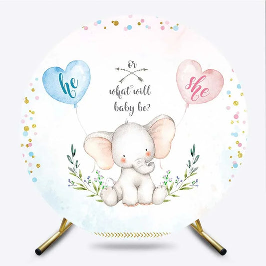 Lofaris Round Backdrop for Gender Reveal Cute Elephant and Pink Blue Heart Balloons What Will Baby Be Party Background