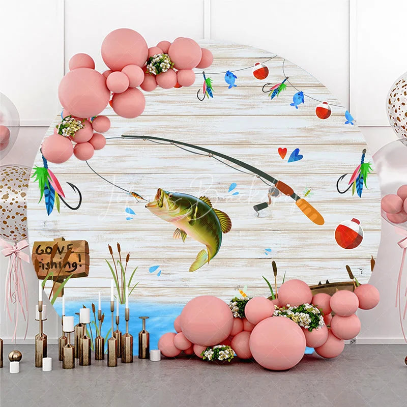 Lofaris Round Backdrop Gone Fishing Theme Baby Shower Bass Fish Wood Planks Party Supplies