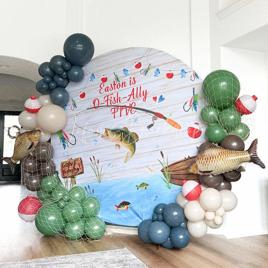 Lofaris Round Backdrop Gone Fishing Theme Baby Shower Bass Fish Wood Planks Party Supplies