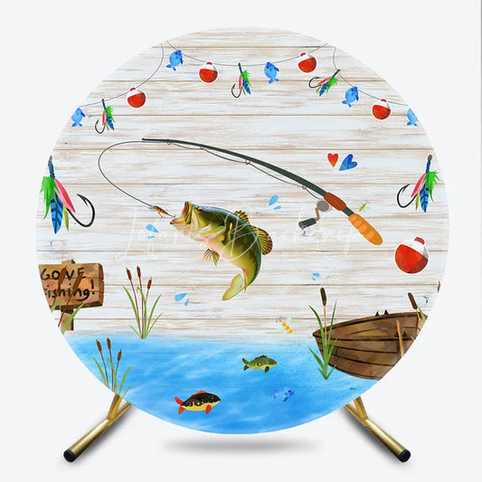 Lofaris Round Backdrop Gone Fishing Theme Baby Shower Bass Fish Wood Planks Party Supplies