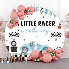 Lofaris Round Backdrop Little Racer Blue Race Car Checkered Flag Baby Shower Circle Cover