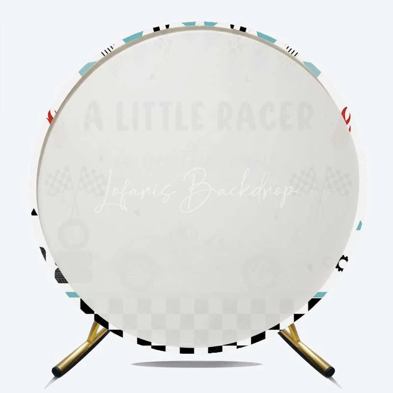 Lofaris Round Backdrop Little Racer Blue Race Car Checkered Flag Baby Shower Circle Cover
