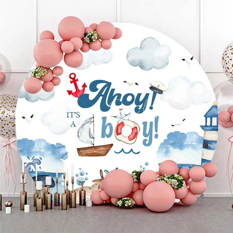 Lofaris Round Backdrop Nautical Ahoy Its A Boy Watercolor Lighthouse Whale Circle Cover