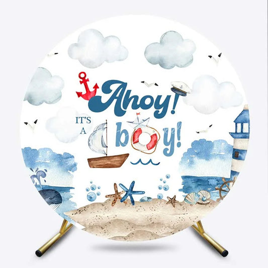 Lofaris Round Backdrop Nautical Ahoy Its A Boy Watercolor Lighthouse Whale Circle Cover