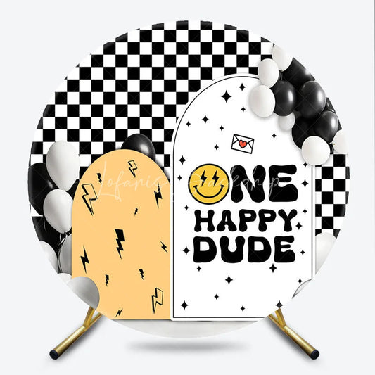 Lofaris Round Backdrop One Happy Dude First Birthday Black White Checkerboard Smiley Face Circle Background Boy Party Prop