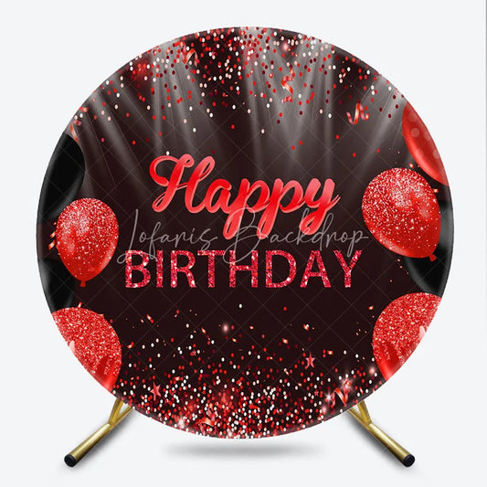 Lofaris Round Backdrop Red and Black Glitter Happy Birthday Sparkling Balloons Party Decor
