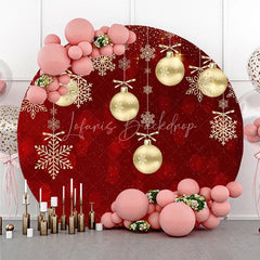Lofaris Round Backdrop Red Christmas Gold Baubles Winter Xmas Snowflakes Sparkle Circle Cover