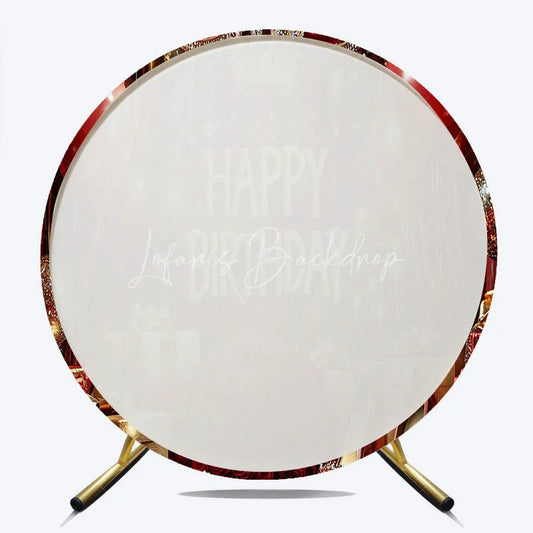 Lofaris Round Backdrop Royal Red and Gold Happy Birthday Crown Balloons Rose Party Supplies