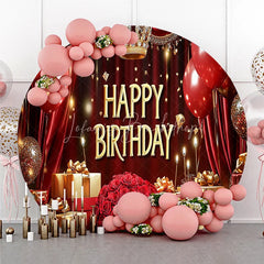 Lofaris Round Backdrop Royal Red and Gold Happy Birthday Crown Balloons Rose Party Supplies