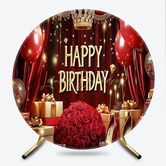 Lofaris Round Backdrop Royal Red and Gold Happy Birthday Crown Balloons Rose Party Supplies