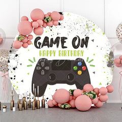 Lofaris Round Backdrop Video Game Controller Happy Birthday Green Paint Splatter Gamer Circle Cover