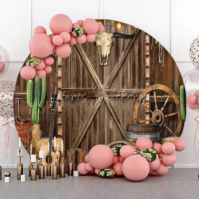 Lofaris Round Backdrop Western Cowboy Barn Door Cover Rustic Wood Bull Skull Circle Background Wild West Party Decoration