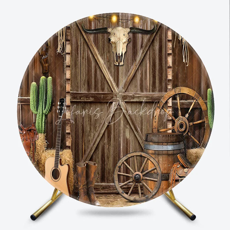 Lofaris Round Backdrop Western Cowboy Barn Door Cover Rustic Wood Bull Skull Circle Background Wild West Party Decoration