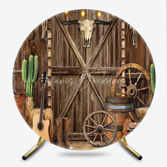 Lofaris Round Backdrop Western Cowboy Barn Door Cover Rustic Wood Bull Skull Circle Background Wild West Party Decoration