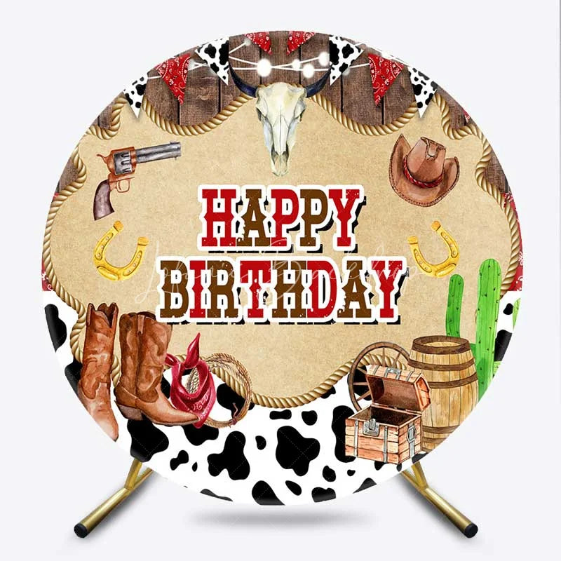 Lofaris Round Backdrop Western Cowboy Rustic Wood Boots and Skull Birthday Circle Cover
