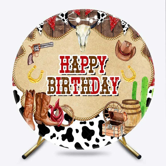 Lofaris Round Backdrop Western Cowboy Rustic Wood Boots and Skull Birthday Circle Cover