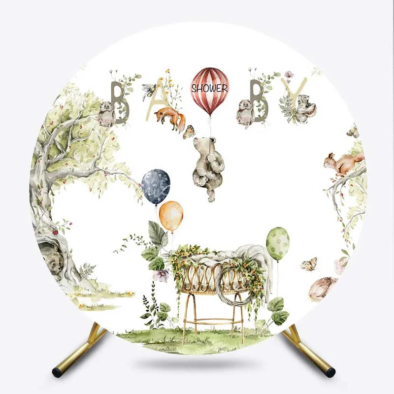 Lofaris Round Backdrop Woodland Bear Watercolor Animals Baby Shower Circle Cover Decoration
