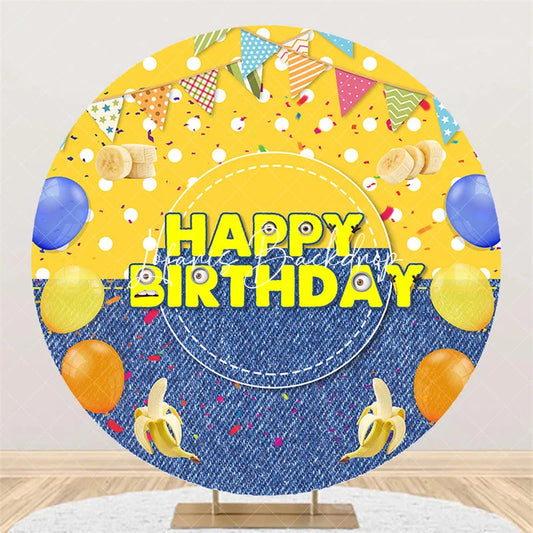 Lofaris Round Big Eyes Cartoon Birthday Backdrop Yellow Denim Jeans Theme with Bananas Confetti Bunting Flags for Kids Party