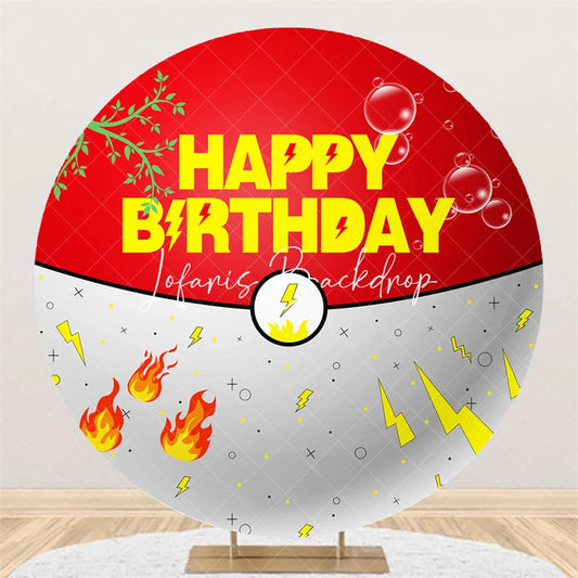 Lofaris Round Birthday Backdrop Red and White Adventure Ball Design Lightning Flames Leaves Bubbles