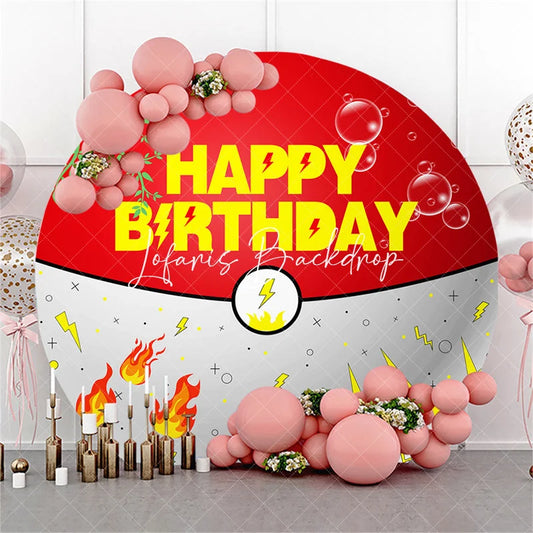 Lofaris Round Birthday Backdrop Red and White Adventure Ball Design Lightning Flames Leaves Bubbles