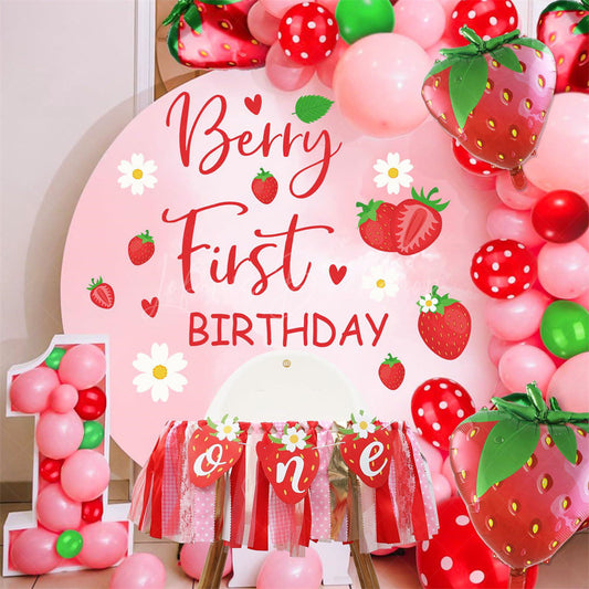 Lofaris Round Floral Berry First Birthday Soft Pink Backdrop