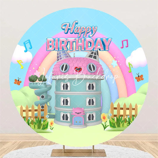 Lofaris Round Happy Birthday Backdrop Cartoon Cat House Rainbow Garden Pastel Pink Blue Dollhouse Theme for Girls Party Celebration