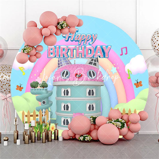 Lofaris Round Happy Birthday Backdrop Cartoon Cat House Rainbow Garden Pastel Pink Blue Dollhouse Theme for Girls Party Celebration