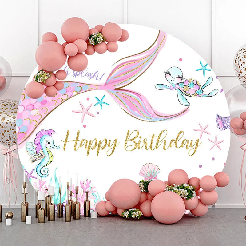 Lofaris Round Mermaid Birthday Backdrop Underwater Sea Life Party Supplies for Girls