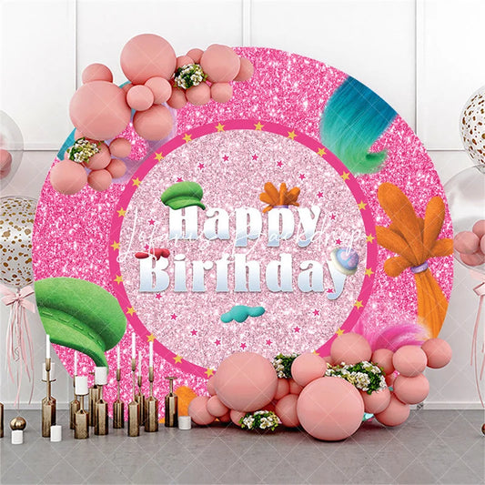 Lofaris Round Pink Glitter Happy Birthday Backdrop Colorful Cartoon Fuzzy Hair Friends for Girls Party Decor
