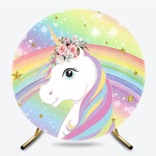 Lofaris Round Rainbow Unicorn And Floral Birthday Backdrop