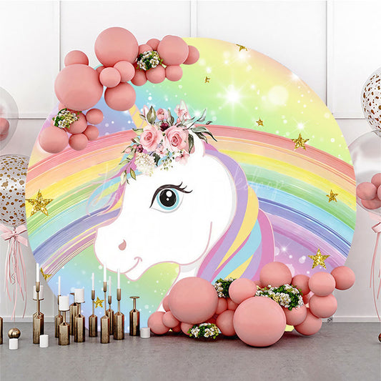 Lofaris Round Rainbow Unicorn And Floral Birthday Backdrop